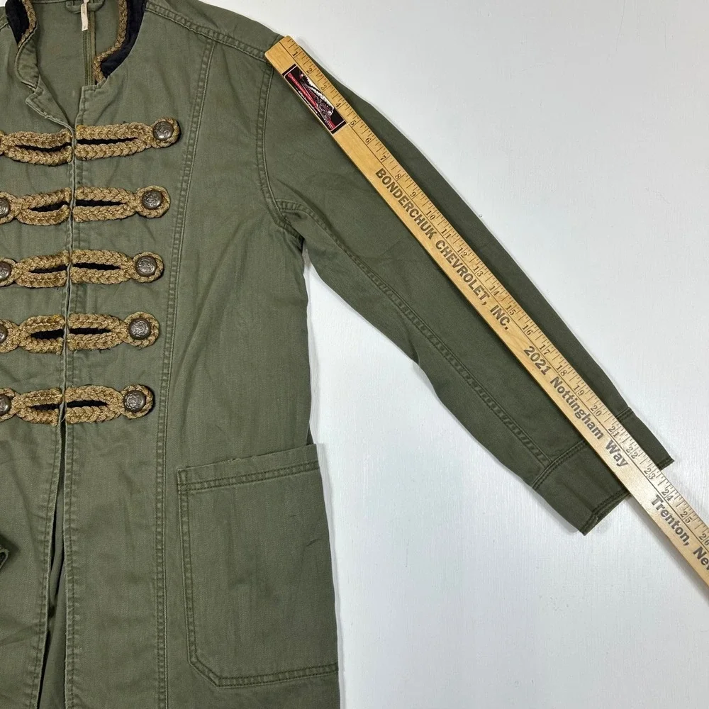 Free People Military Band Jacket Olive Green Gold Frog Closure Velvet Trim S